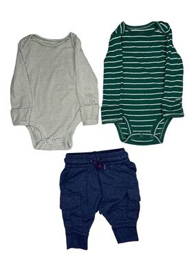 Carter's Green and Cream Striped Long-Sleeve Bodysuits with Navy Pants 3m